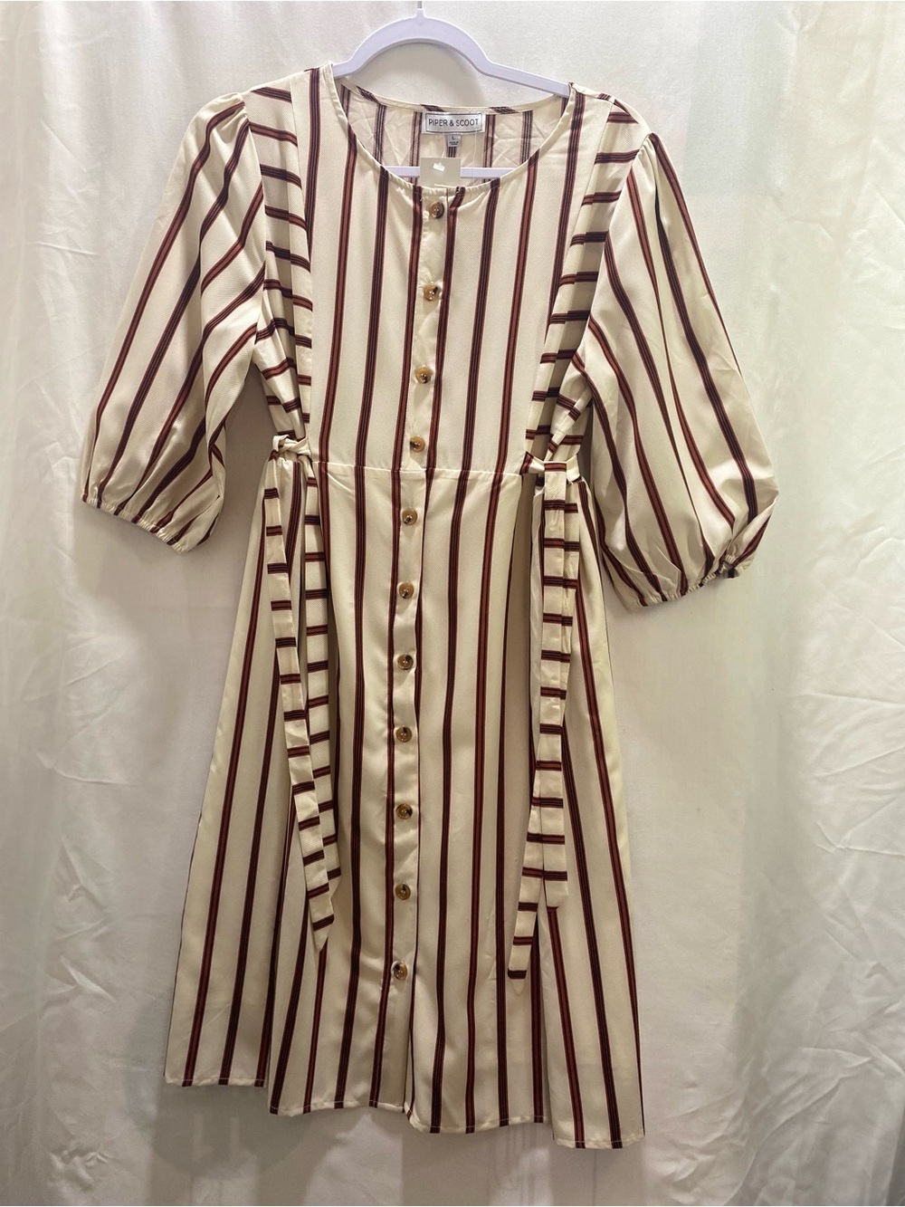 Piper & Scoot Striped Dress Ivory Button  Tie Waist  Large midi puff sleeves